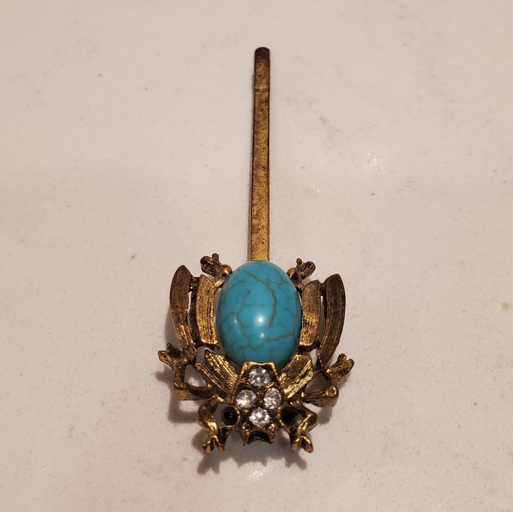 Turquoise Jem Beetle Brass Hair Pin Teal Stone Rhinestones Preppy Vintage Artsy